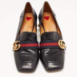 Pre Owned Gucci Black Leather Pearl Embellished Double G Web Mid Heel Loafer Pumps Size 38