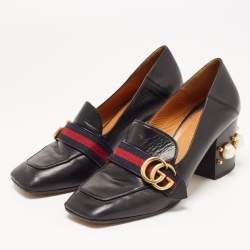 Pre Owned Gucci Black Leather Pearl Embellished Double G Web Mid Heel Loafer Pumps Size 38