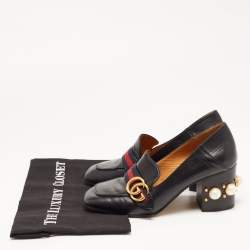 Pre Owned Gucci Black Leather Pearl Embellished Double G Web Mid Heel Loafer Pumps Size 38