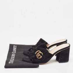 Gucci Black Suede GG Marmont Fringe Detail Block Heel Sandals Size 36