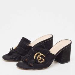 Gucci Black Suede GG Marmont Fringe Detail Block Heel Sandals Size 36