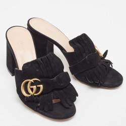 Gucci Black Suede GG Marmont Fringe Detail Block Heel Sandals Size 36