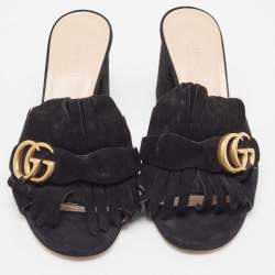 Gucci Black Suede GG Marmont Fringe Detail Block Heel Sandals Size 36