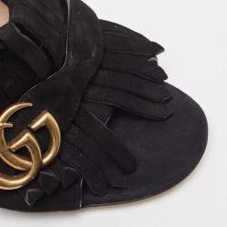 Gucci Black Suede GG Marmont Fringe Detail Block Heel Sandals Size 36