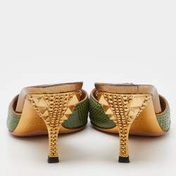 Pre Owned Gucci Green Embossed Snakeskin Peep Toe Mules Size 36