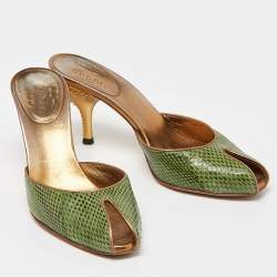 Pre Owned Gucci Green Embossed Snakeskin Peep Toe Mules Size 36