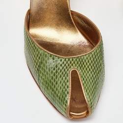 Pre Owned Gucci Green Embossed Snakeskin Peep Toe Mules Size 36