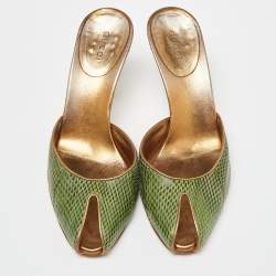 Pre Owned Gucci Green Embossed Snakeskin Peep Toe Mules Size 36