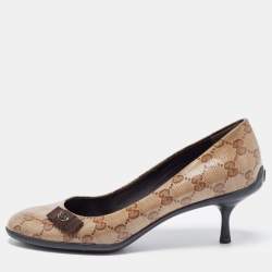 Pre Owned Gucci Brown/Beige GG Crystal Canvas Bow Round Toe Pumps Size 36.5