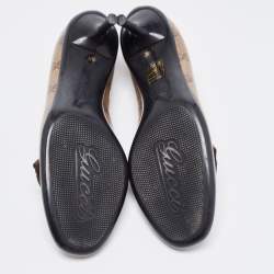 مملوكة مسبقًا Gucci Brown/Beige GG Crystal Canvas Bow Round Toe Pumps Size 36.5