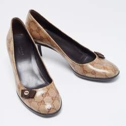 مملوكة مسبقًا Gucci Brown/Beige GG Crystal Canvas Bow Round Toe Pumps Size 36.5