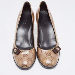 مملوكة مسبقًا Gucci Brown/Beige GG Crystal Canvas Bow Round Toe Pumps Size 36.5