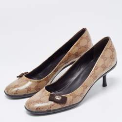 مملوكة مسبقًا Gucci Brown/Beige GG Crystal Canvas Bow Round Toe Pumps Size 36.5