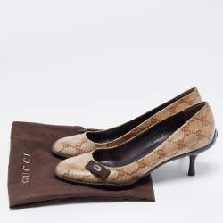 مملوكة مسبقًا Gucci Brown/Beige GG Crystal Canvas Bow Round Toe Pumps Size 36.5