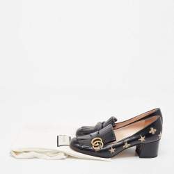 Gucci Black Leather Star and Bee Embroidered GG Marmont Fringe Loafer Pumps Size 40.5