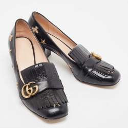 Gucci Black Leather Star and Bee Embroidered GG Marmont Fringe Loafer Pumps Size 40.5