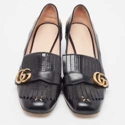 Gucci Black Leather Star and Bee Embroidered GG Marmont Fringe Loafer Pumps Size 40.5