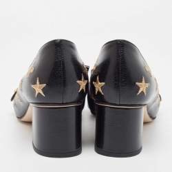 Gucci Black Leather Star and Bee Embroidered GG Marmont Fringe Loafer Pumps Size 40.5