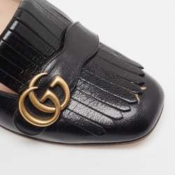 Gucci Black Leather Star and Bee Embroidered GG Marmont Fringe Loafer Pumps Size 40.5