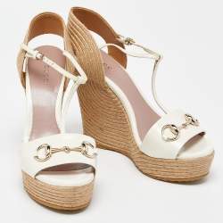 Pre Owned Gucci Off White/Beige Patent Leather Horsebit Wedge Espadrille T- Strap Platform Sandals Size 39.5