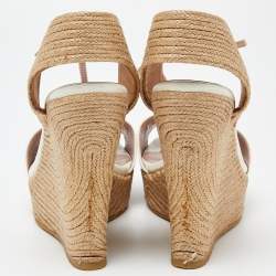 Pre Owned Gucci Off White/Beige Patent Leather Horsebit Wedge Espadrille T- Strap Platform Sandals Size 39.5