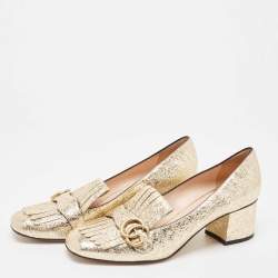 Gucci Gold Textured Leather GG Marmont Fringe Pumps Size 41