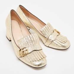 Gucci Gold Textured Leather GG Marmont Fringe Pumps Size 41