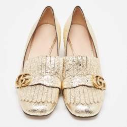 Gucci Gold Textured Leather GG Marmont Fringe Pumps Size 41