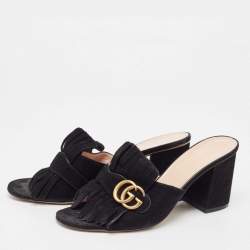 Pre Owned Gucci Black Suede GG Marmont Fringe Slide Sandals Size 40.5