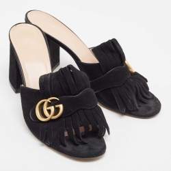 Pre Owned Gucci Black Suede GG Marmont Fringe Slide Sandals Size 40.5