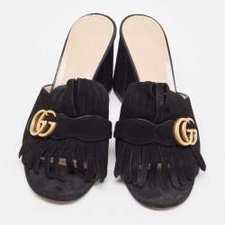 Pre Owned Gucci Black Suede GG Marmont Fringe Slide Sandals Size 40.5