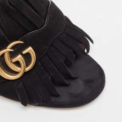 Pre Owned Gucci Black Suede GG Marmont Fringe Slide Sandals Size 40.5