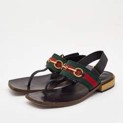 Pre Owned Gucci Black Leather Web Slingback Sandals Size 37.5