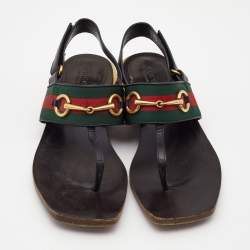 Pre Owned Gucci Black Leather Web Slingback Sandals Size 37.5