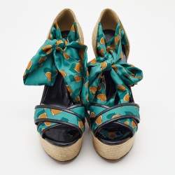 Gucci Multicolor Printed Fabric and Patent Espadrille Wedge Ankle Wrap Sandals Size 41