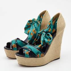 Gucci Multicolor Printed Fabric and Patent Espadrille Wedge Ankle Wrap Sandals Size 41