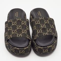 Pre Owned Gucci Black/Beige GG Canvas Platform Flat Slides Size 36