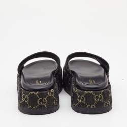 Pre Owned Gucci Black/Beige GG Canvas Platform Flat Slides Size 36