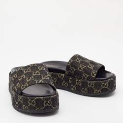 Pre Owned Gucci Black/Beige GG Canvas Platform Flat Slides Size 36