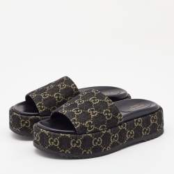 Pre Owned Gucci Black/Beige GG Canvas Platform Flat Slides Size 36