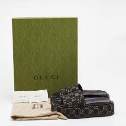 Pre Owned Gucci Black/Beige GG Canvas Platform Flat Slides Size 36