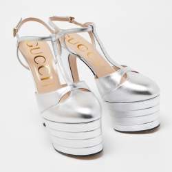 Pre Owned Gucci Silver Leather Angel Platform Pumps Size 40