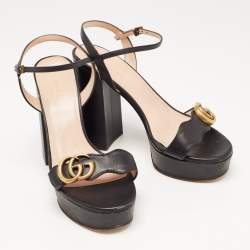 Pre Owned Gucci Black Leather GG Marmont Ankle Strap Sandals Size 36.5