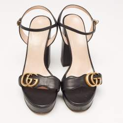 Pre Owned Gucci Black Leather GG Marmont Ankle Strap Sandals Size 36.5