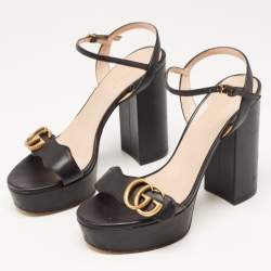 Pre Owned Gucci Black Leather GG Marmont Ankle Strap Sandals Size 36.5