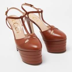 Pre Owned Gucci Brown Leather Angel Platform Pumps Size 40