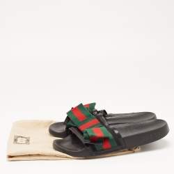 مملوكة مسبقًا Gucci Black Fabric And Leather Web Detail Bow Slide Sandals Size 36
