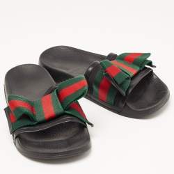 مملوكة مسبقًا Gucci Black Fabric And Leather Web Detail Bow Slide Sandals Size 36