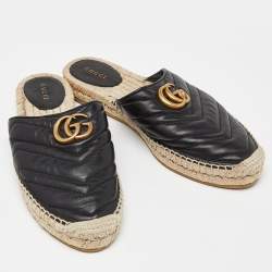 Gucci Black Matelasse Leather GG Marmont Espadrille Mules Size 39