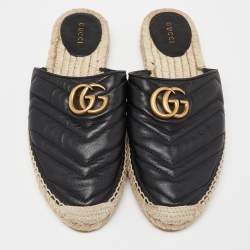Gucci Black Matelasse Leather GG Marmont Espadrille Mules Size 39